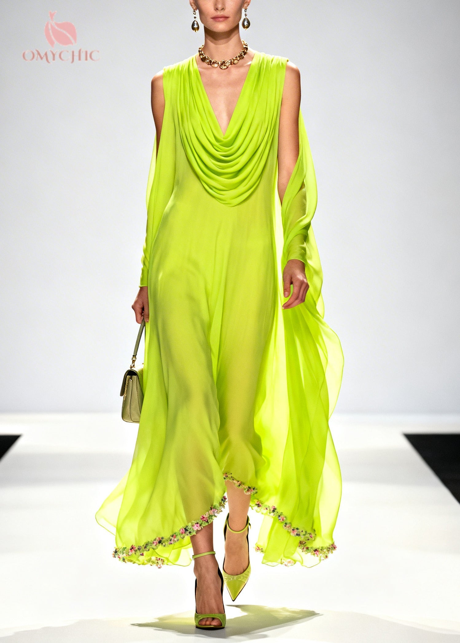 Chiffon Cowl Deep V-Neck Draped Cape Flowy Maxi Dress