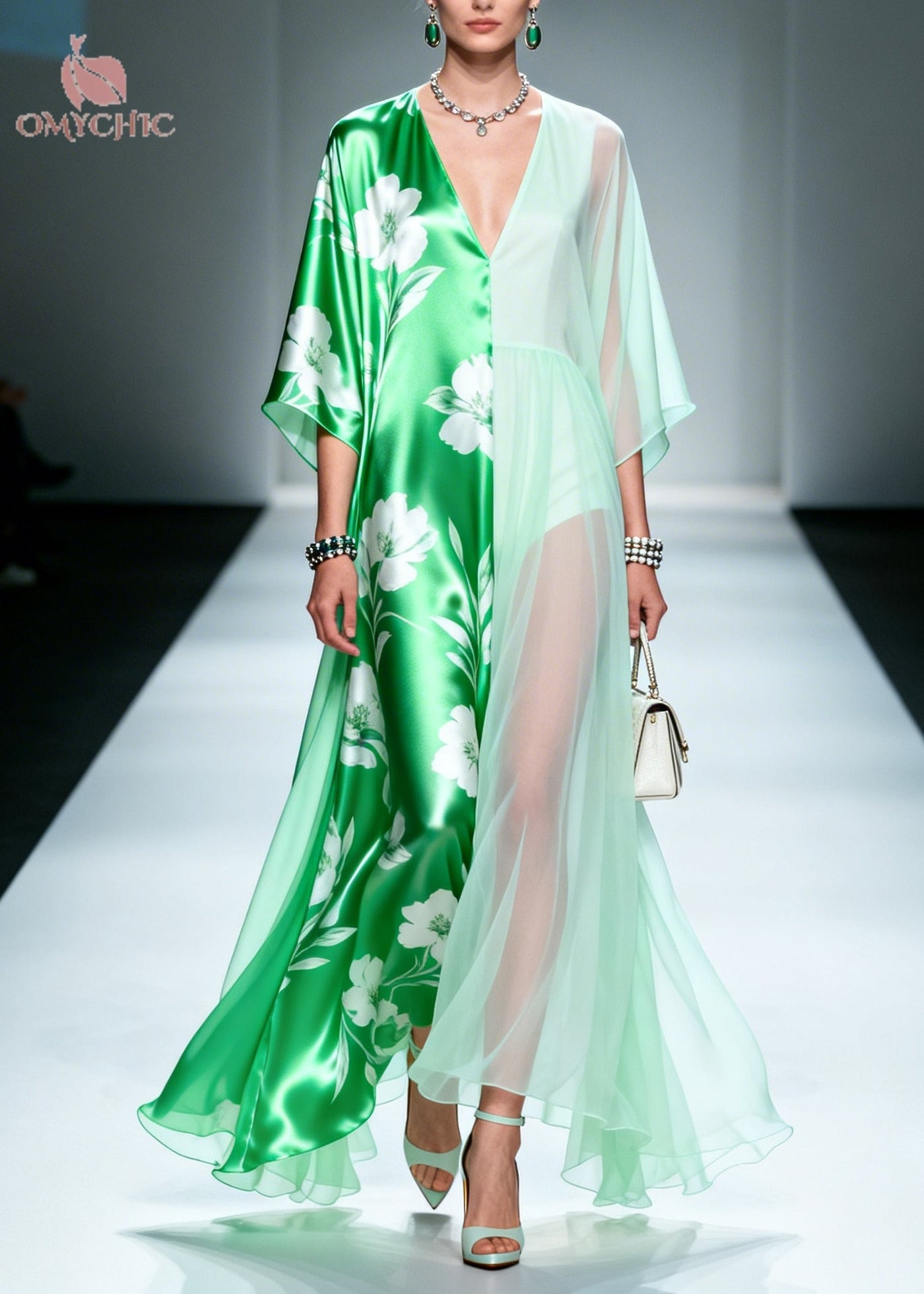 Beautiful Green Asymmetrical Patchwork Chiffon Maxi Dresses Summer - View 5