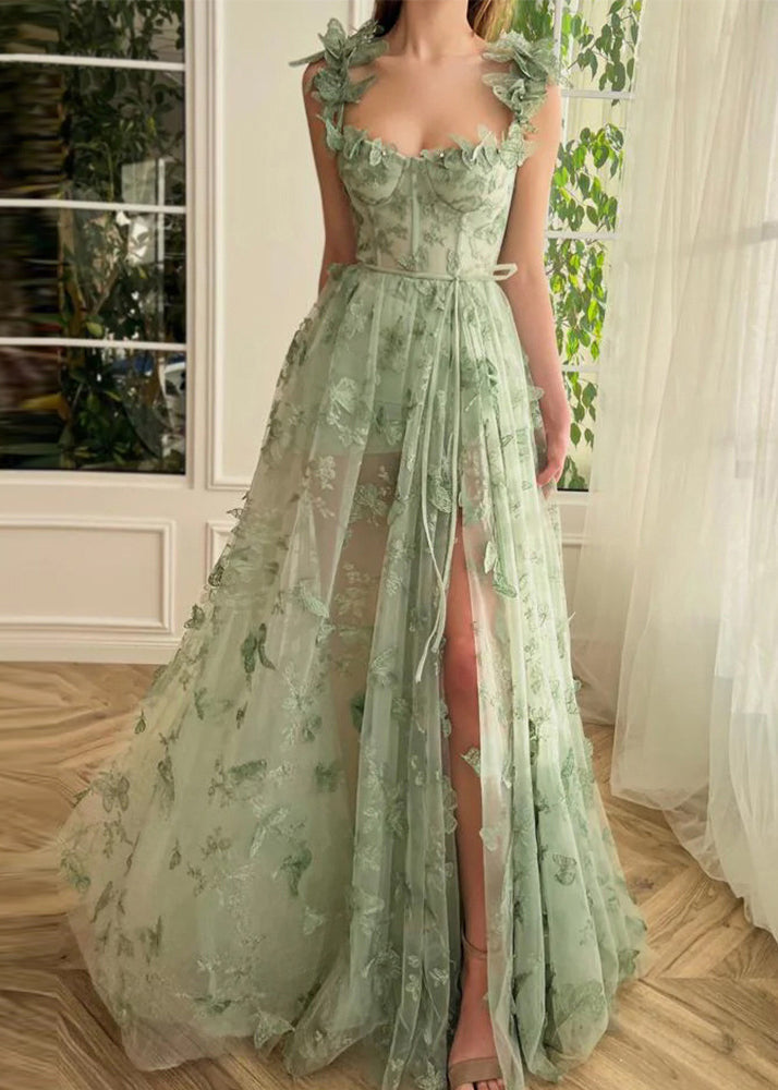 Butterfly Applique Corset Bodice High Split Tulle Maxi Prom Gown