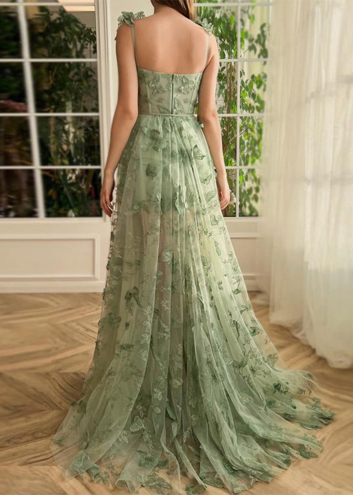 Beautiful Green Butterfly Side Open Tulle Maxi Dresses Sleeveless - View 3