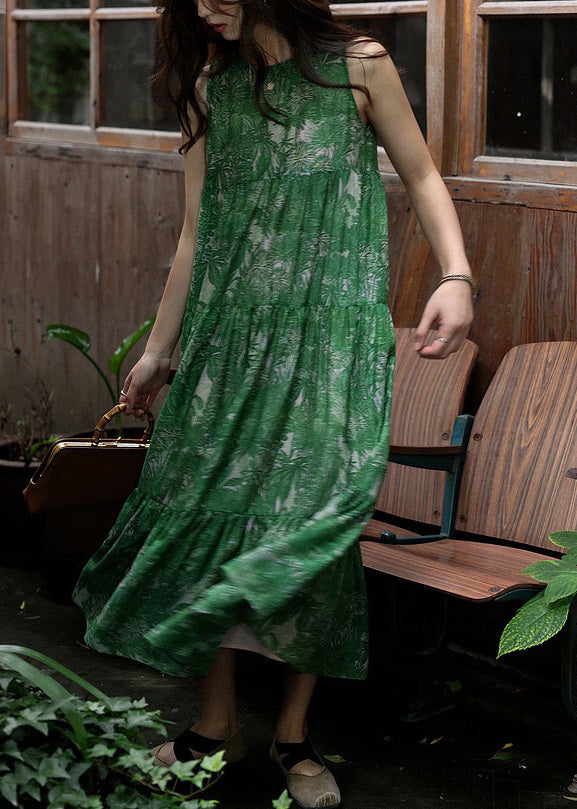 Tropical Palm Leaf Print Crew Neck Sleeveless Tiered Maxi Dress