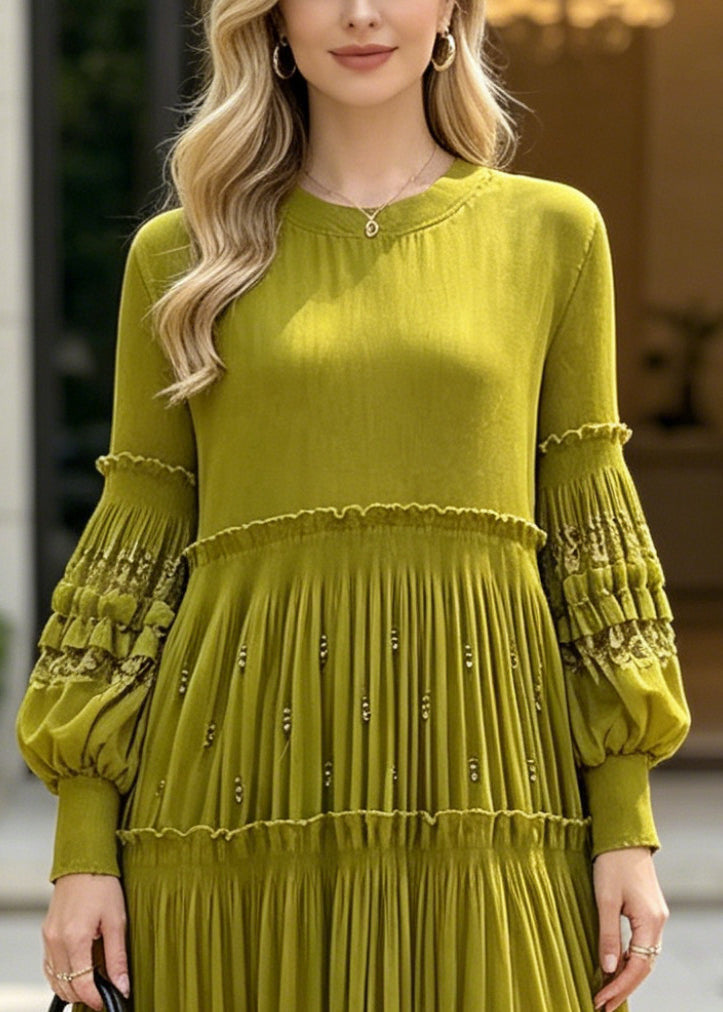 Crew Neck Long Sleeve Lace Trim Tiered Pleated Maxi Dress