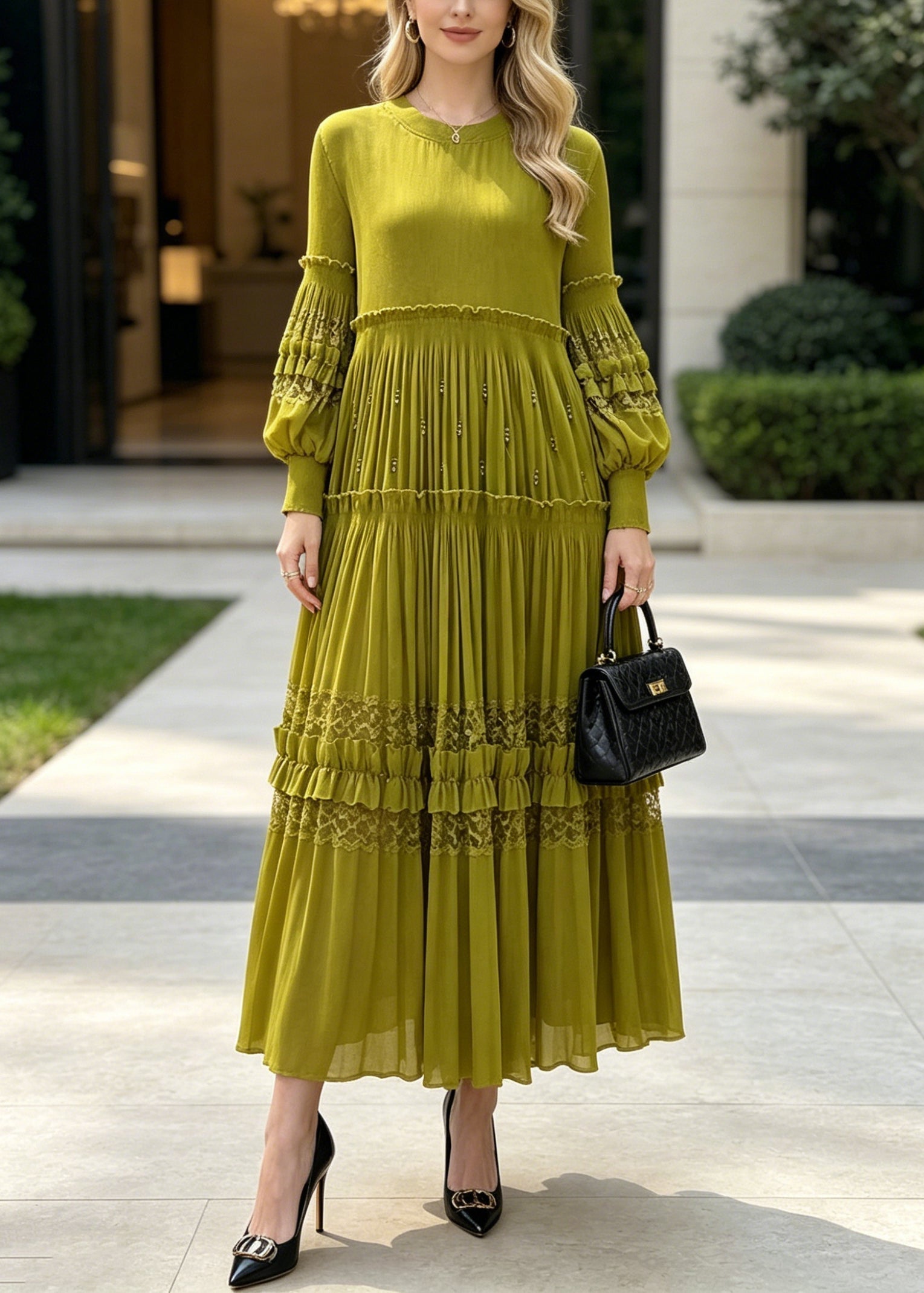 Crew Neck Long Sleeve Lace Trim Tiered Pleated Maxi Dress