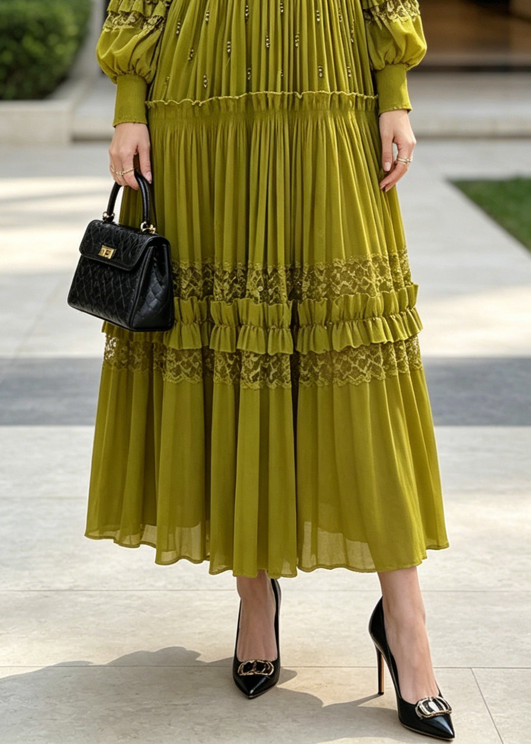 Crew Neck Long Sleeve Lace Trim Tiered Pleated Maxi Dress