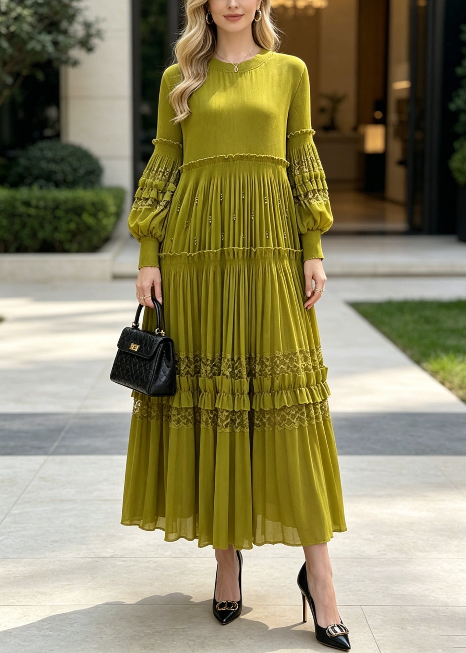 Crew Neck Long Sleeve Lace Trim Tiered Pleated Maxi Dress