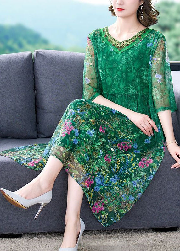 Floral Print Lace V-Neck Half Sleeve Mesh Overlay Midi Dress