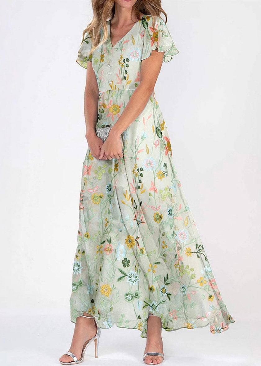 Floral Embroidered Mesh Overlay Flutter Sleeve Button Front Maxi Dress