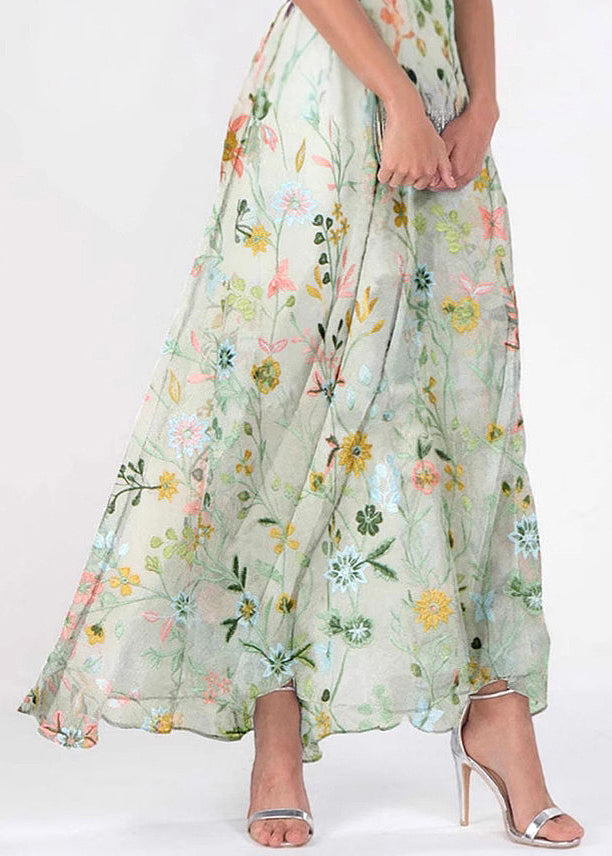 Floral Embroidered Mesh Overlay Flutter Sleeve Button Front Maxi Dress