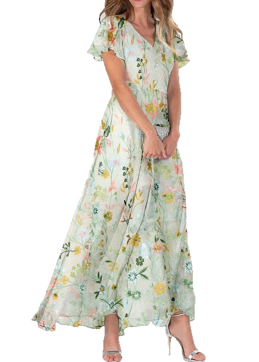 Floral Embroidered Mesh Overlay Flutter Sleeve Button Front Maxi Dress