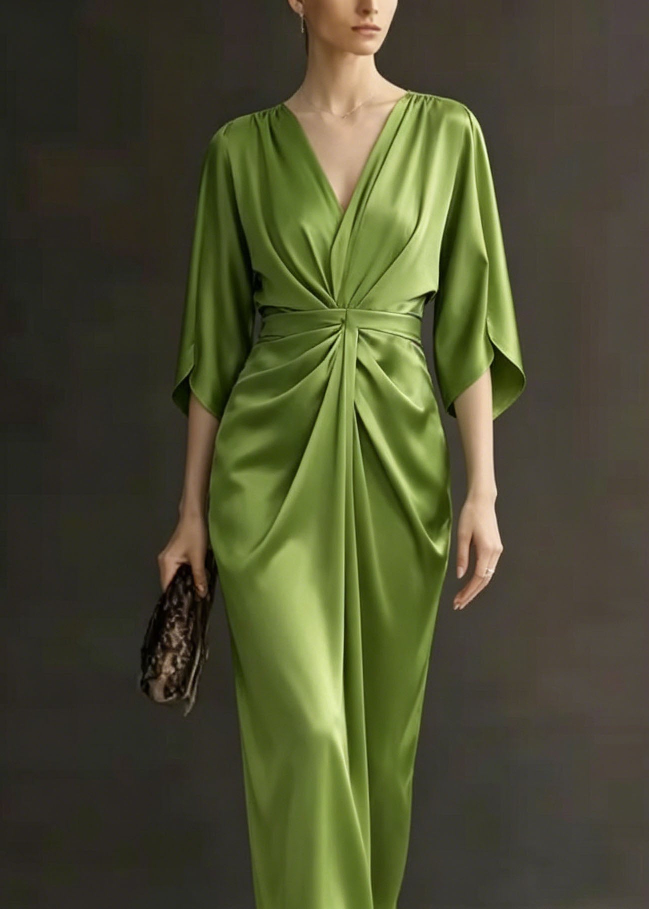 Satin Deep V-Neck Flutter Sleeve Ruched Wrap Maxi Dress