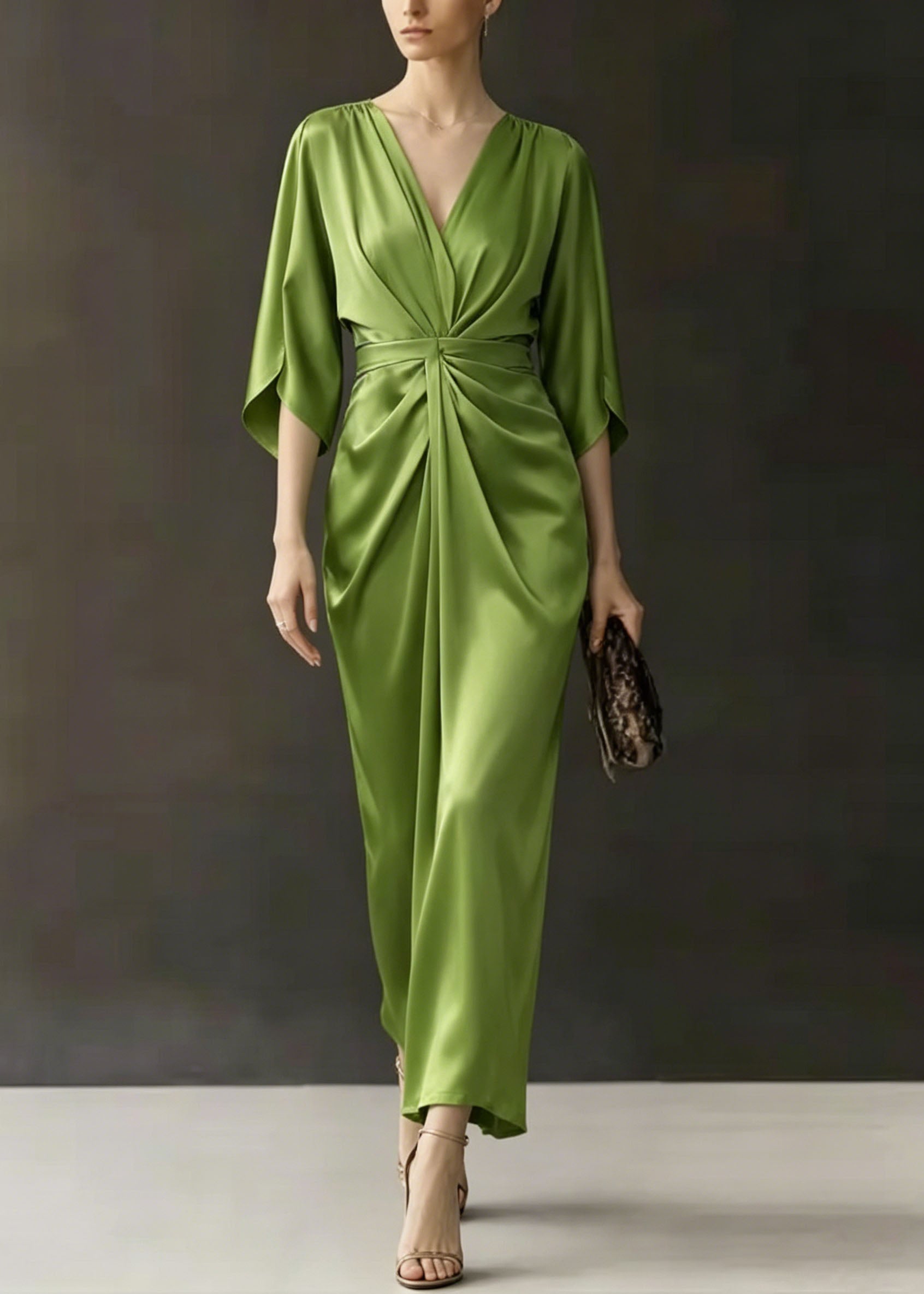 Satin Deep V-Neck Flutter Sleeve Ruched Wrap Maxi Dress