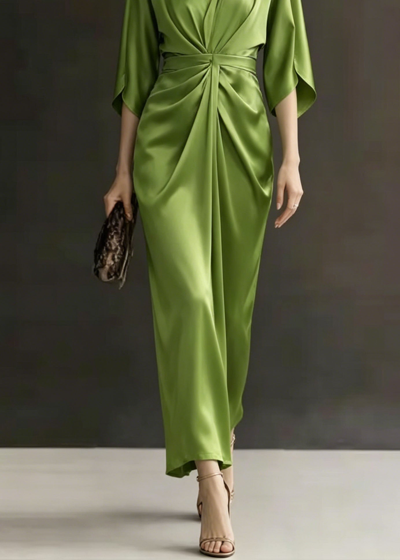 Satin Deep V-Neck Flutter Sleeve Ruched Wrap Maxi Dress