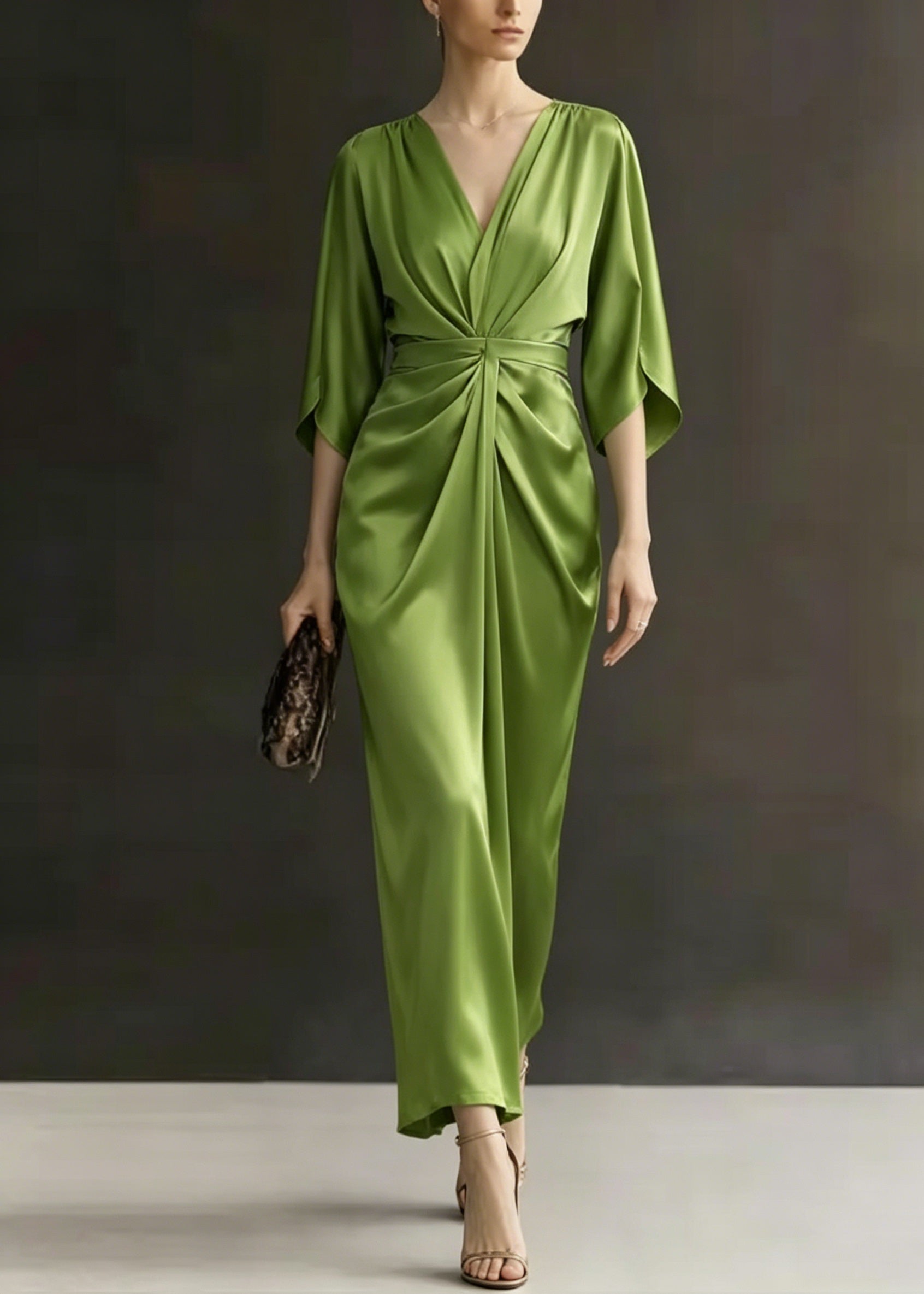 Satin Deep V-Neck Flutter Sleeve Ruched Wrap Maxi Dress