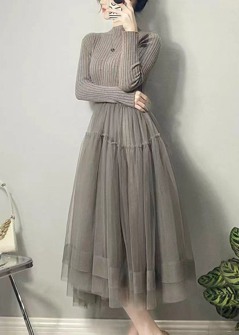 Knit Mock Neck Long Sleeve Tiered Tulle Midi Dress