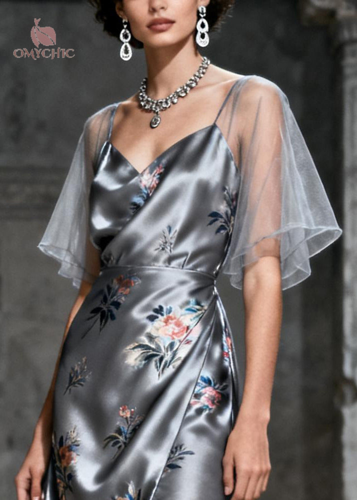 Floral Print V-Neck Flutter Sleeve Mesh Layered Asymmetrical Midi Dress