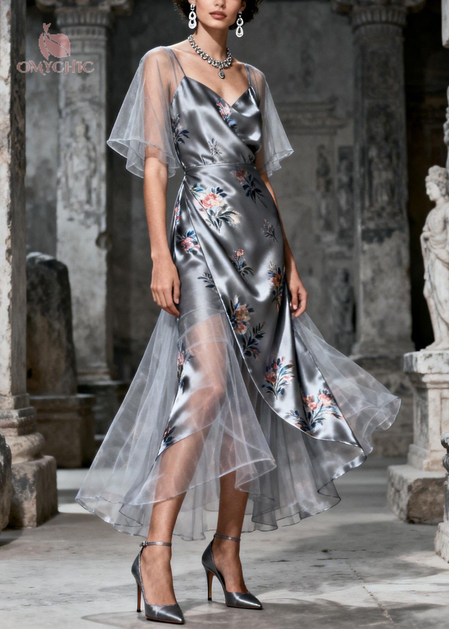 Floral Print V-Neck Flutter Sleeve Mesh Layered Asymmetrical Midi Dress