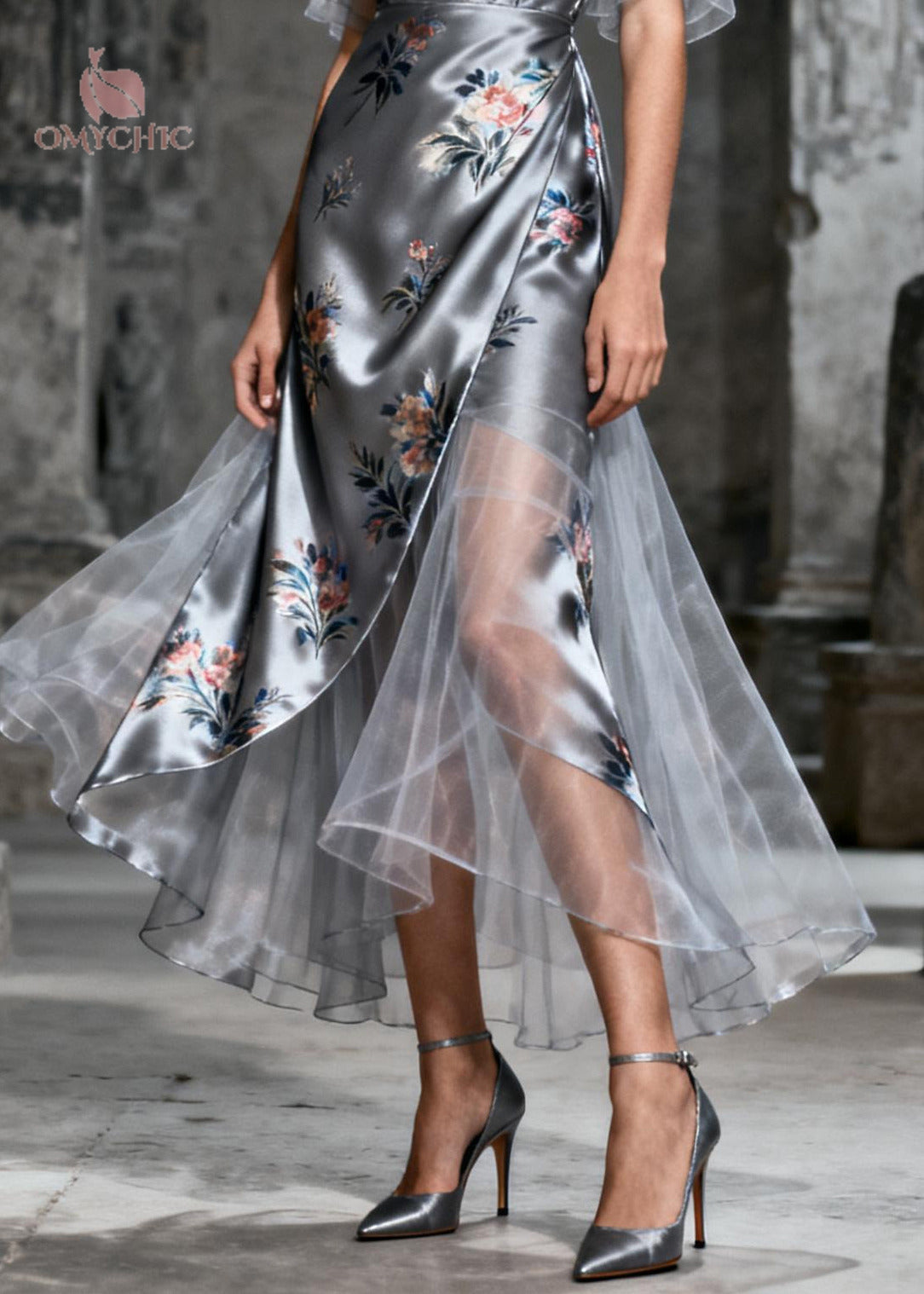 Floral Print V-Neck Flutter Sleeve Mesh Layered Asymmetrical Midi Dress