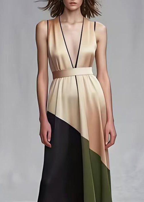 Satin Deep V-Neck Sleeveless Geometric Patchwork Belted Midi Dress
