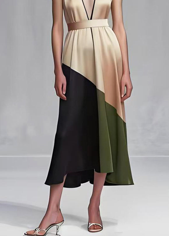 Satin Deep V-Neck Sleeveless Geometric Patchwork Belted Midi Dress