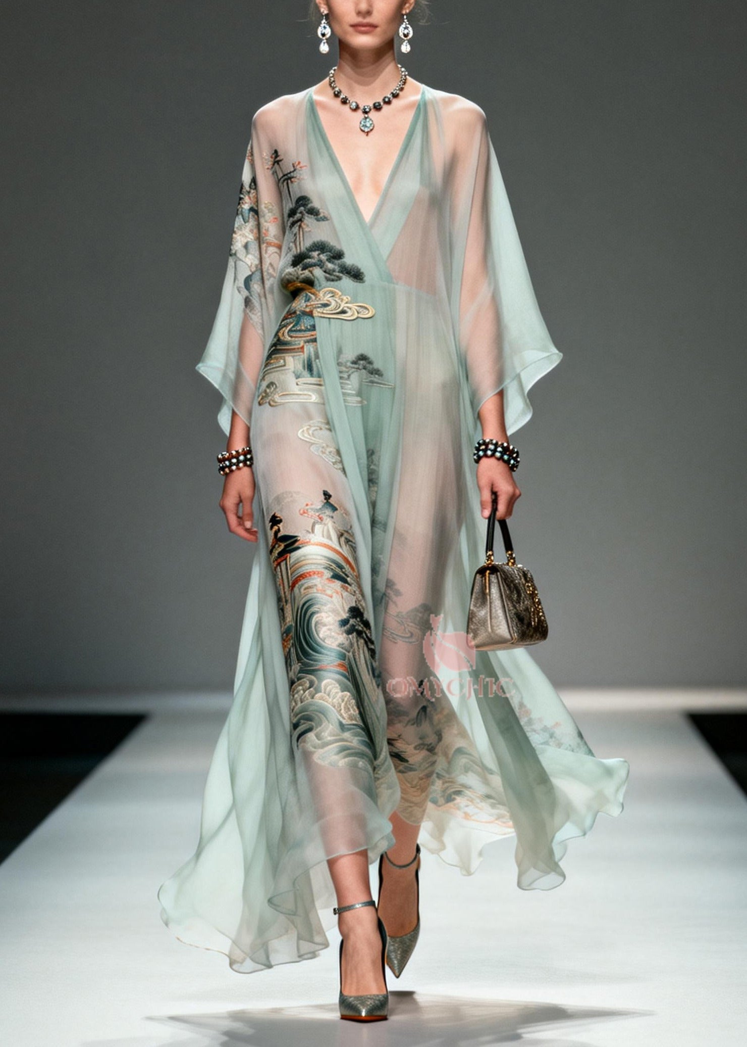 Beautiful Lake Green Oversized Print Chiffon Robe Dresses Summer