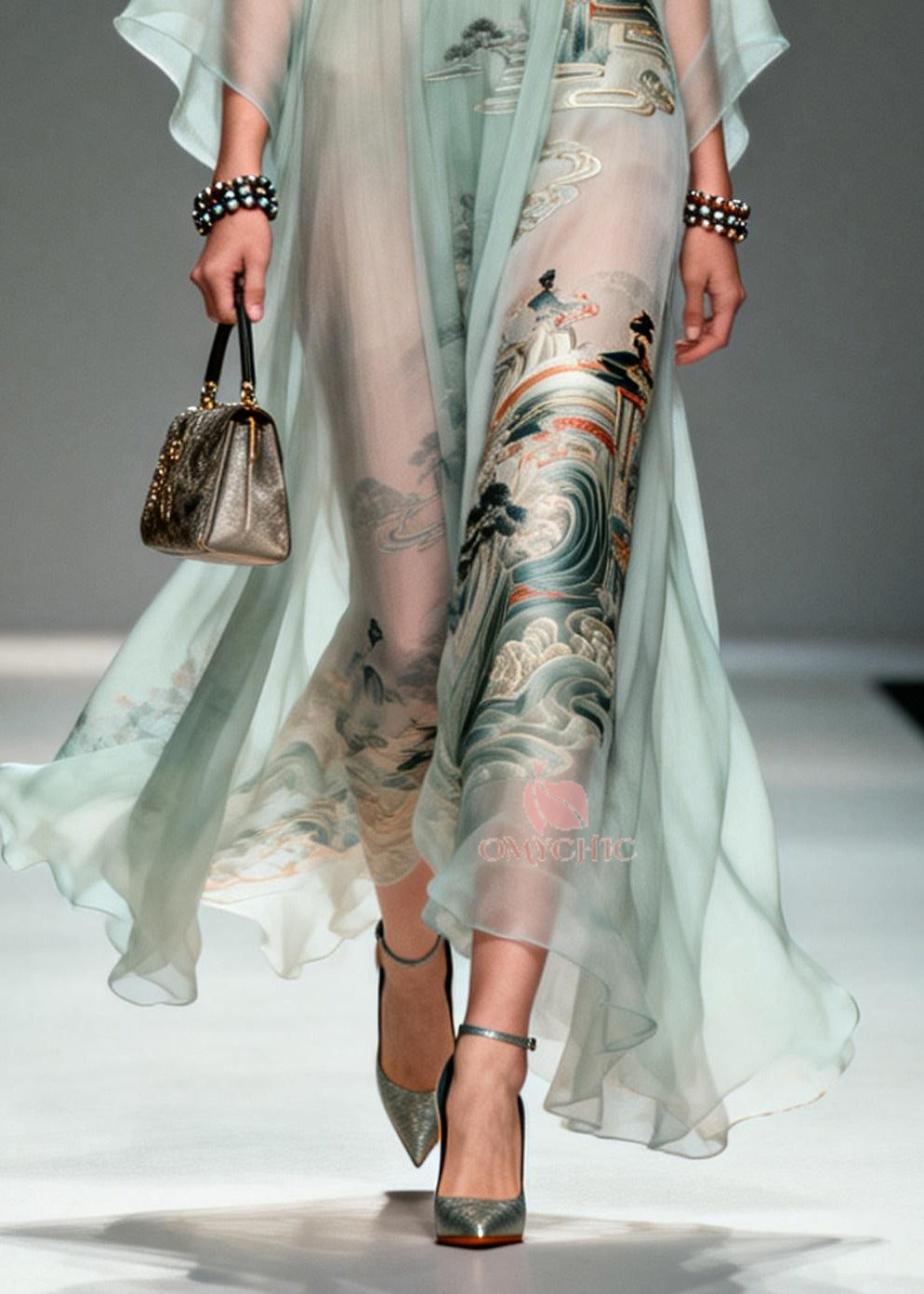 Chiffon Deep V-Neck Bell Sleeve Metallic Embroidered Waist Landscape Print Maxi Gown