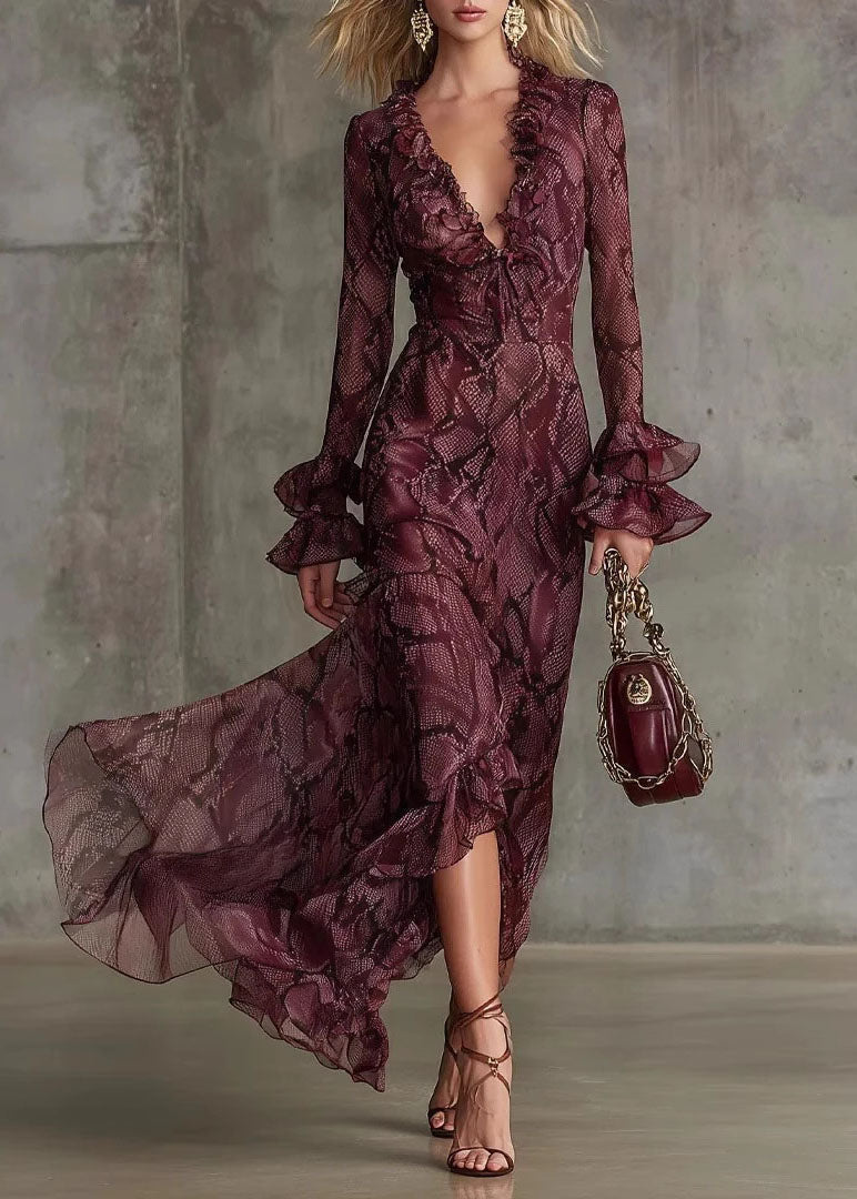 Beautiful Mulberry Ruffled Print Chiffon Ankle Dress Flare Sleeve - View 5