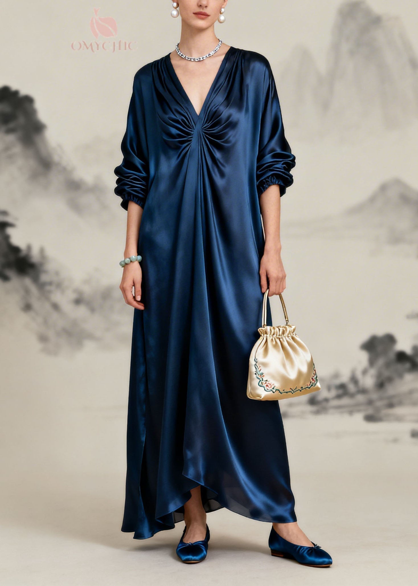 Satin Deep V-Neck Ruched Knot Long Sleeve Lantern Sleeve Maxi Gown