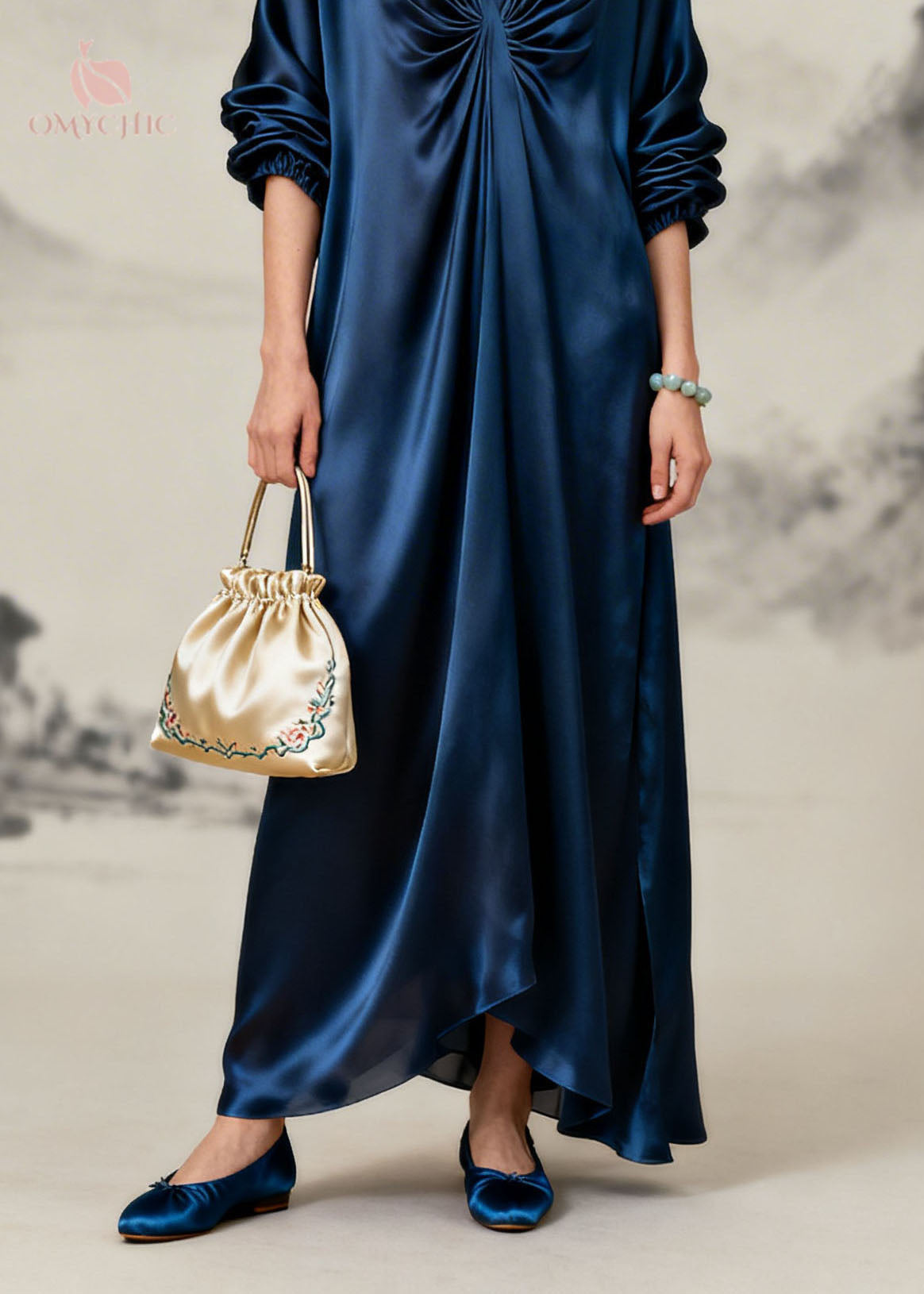 Beautiful Navy V Neck Wrinkled Silk Long Dresses Summer