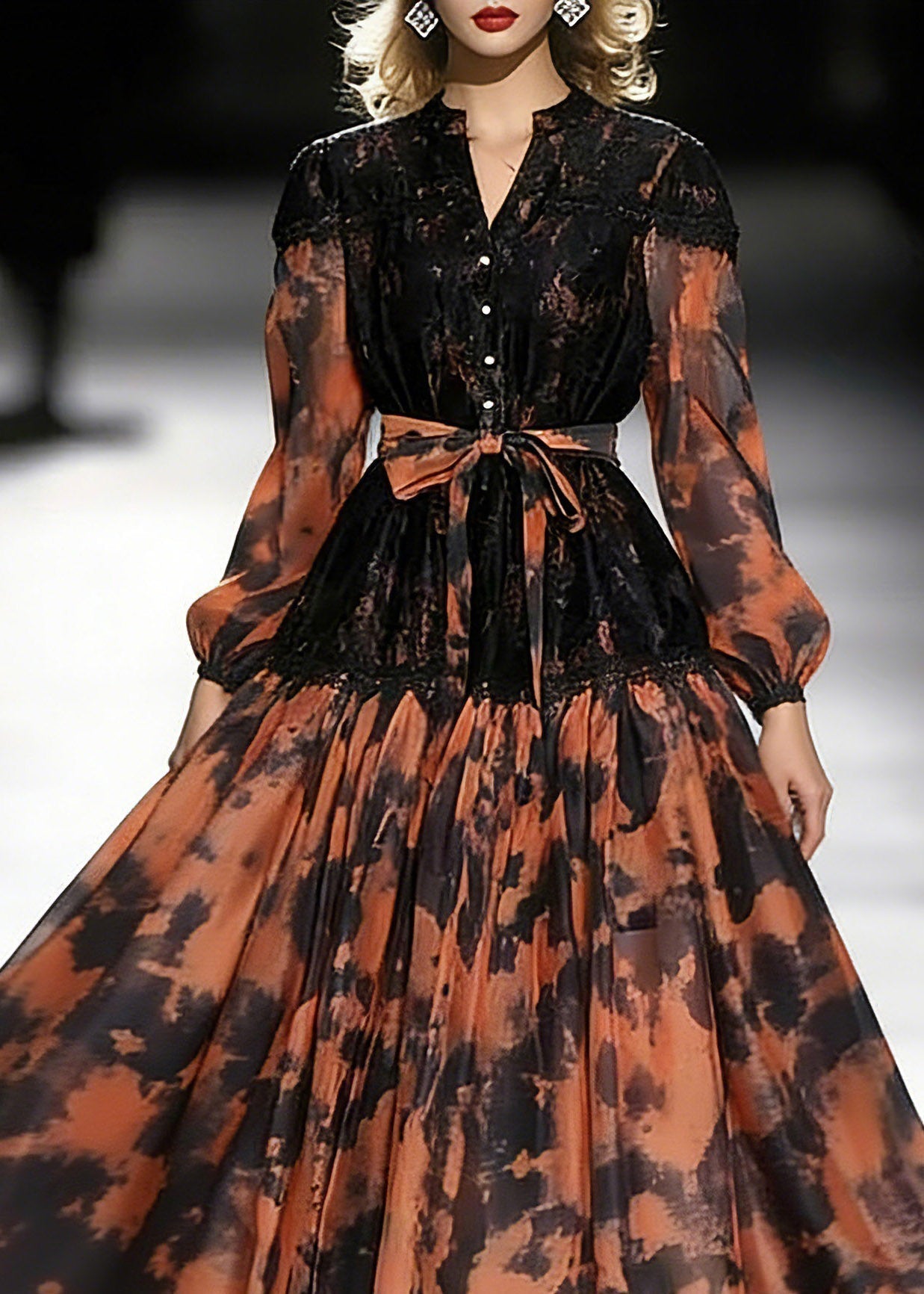 Abstract Print Lace Patchwork Mandarin Collar Lantern Sleeve Tie Waist Pleated Midi Dress