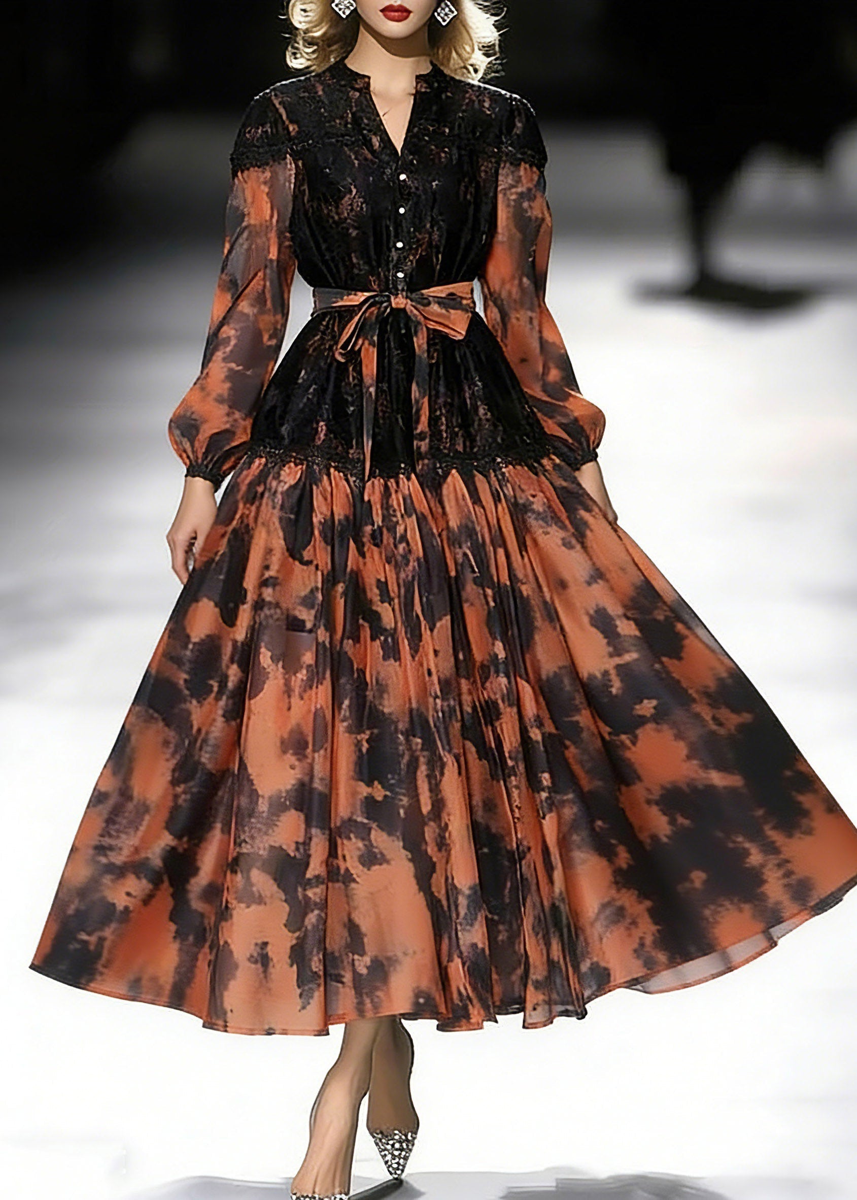 Abstract Print Lace Patchwork Mandarin Collar Lantern Sleeve Tie Waist Pleated Midi Dress