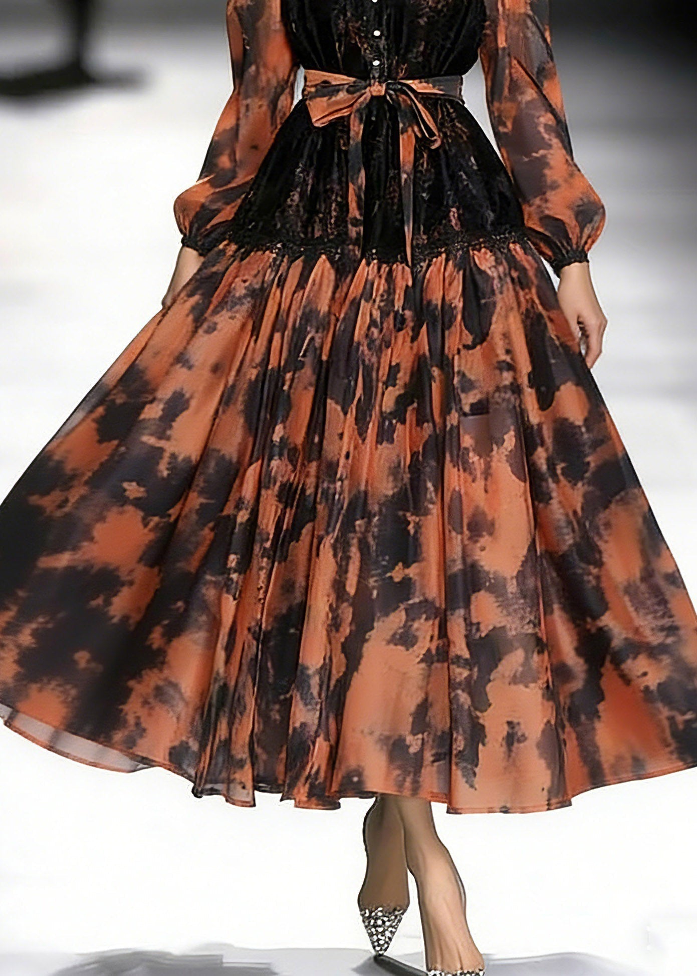 Abstract Print Lace Patchwork Mandarin Collar Lantern Sleeve Tie Waist Pleated Midi Dress