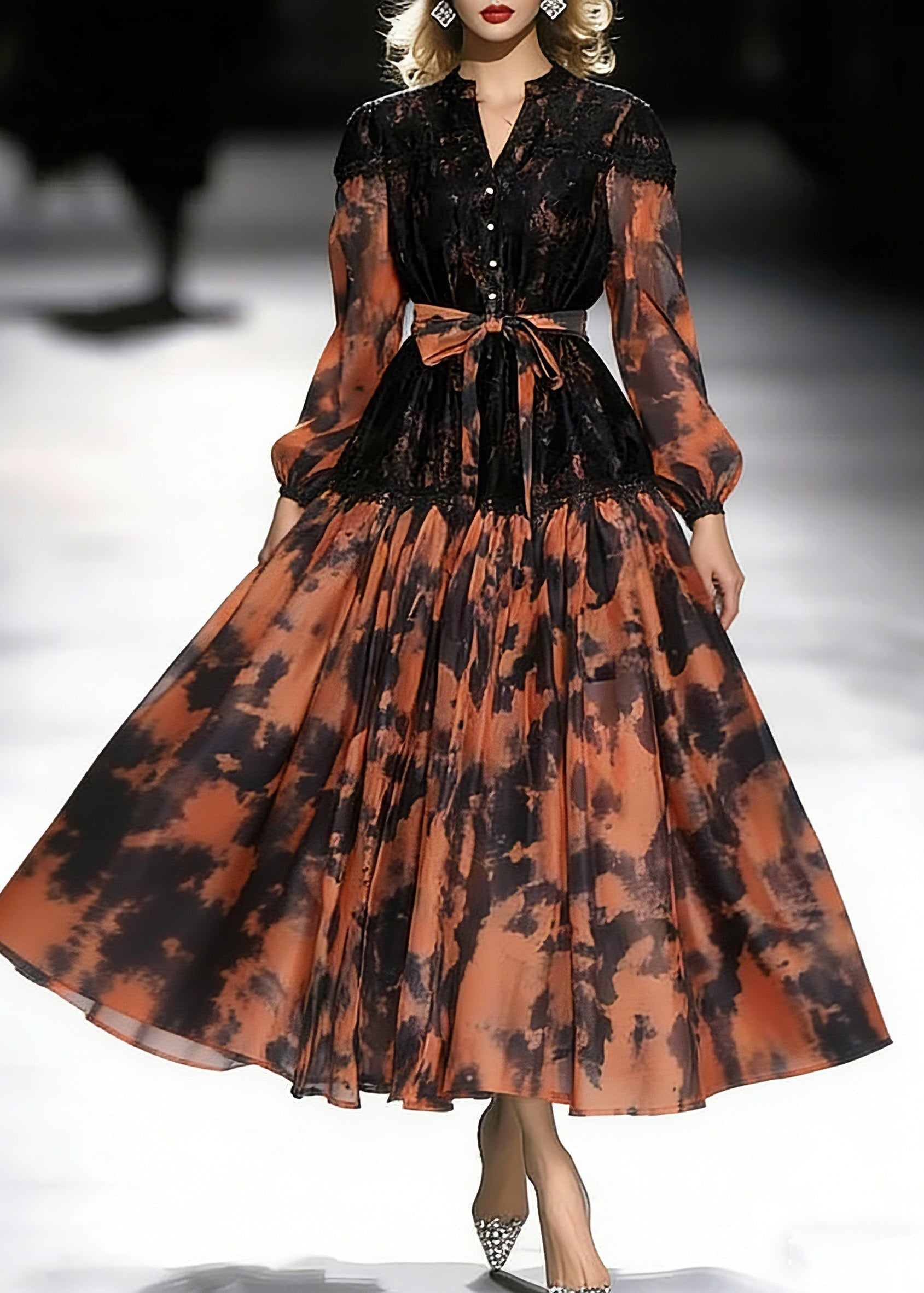 Abstract Print Lace Patchwork Mandarin Collar Lantern Sleeve Tie Waist Pleated Midi Dress