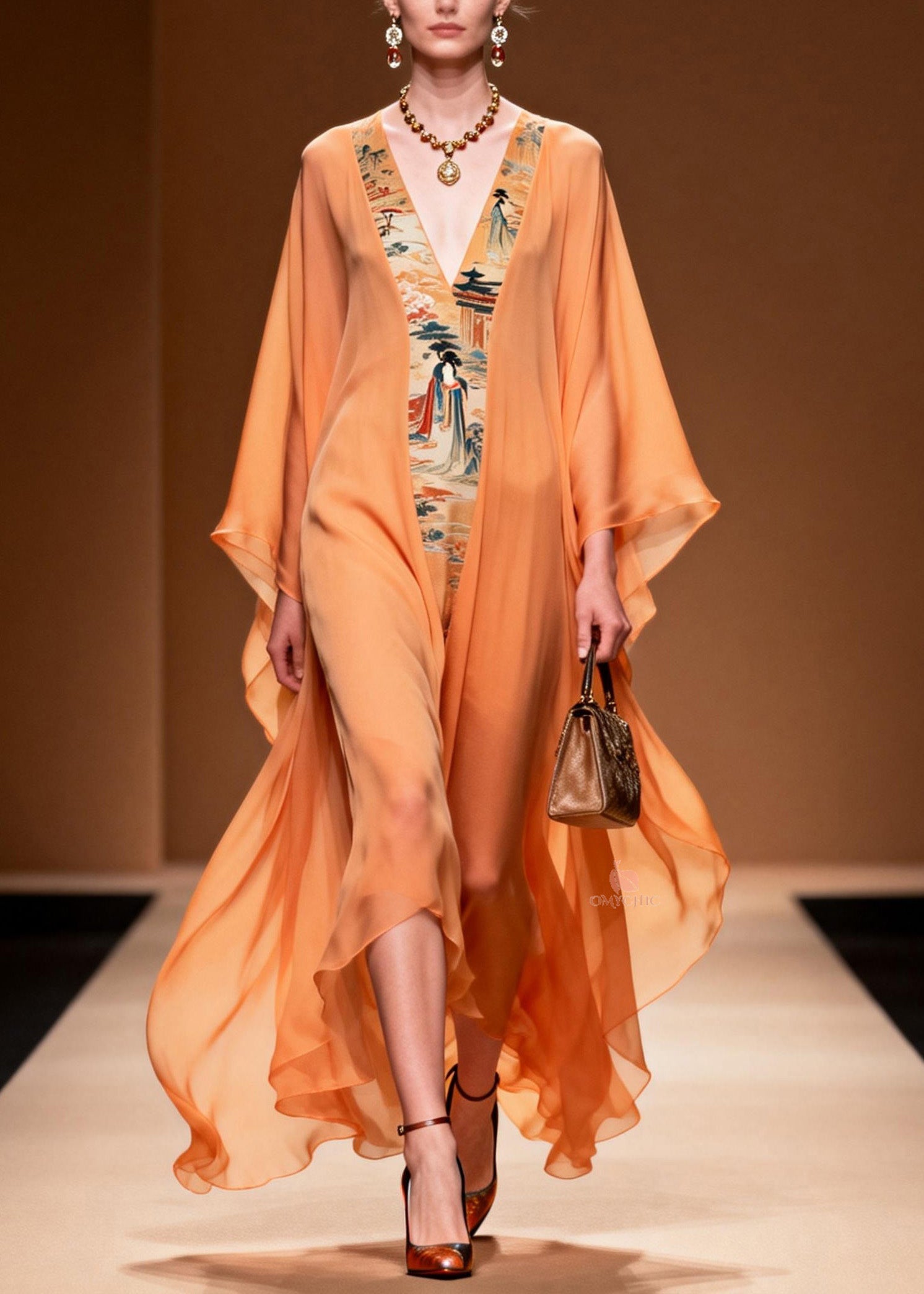Oriental Tapestry Panel Deep V-Neck Kimono Sleeve Sheer Chiffon Kaftan Maxi Gown