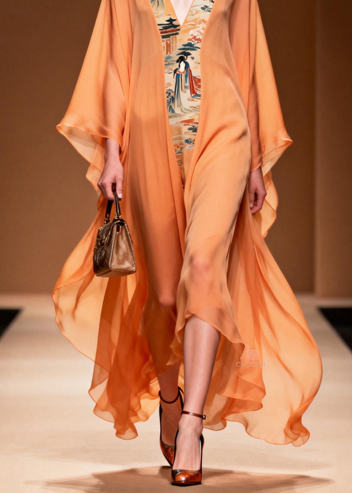 Oriental Tapestry Panel Deep V-Neck Kimono Sleeve Sheer Chiffon Kaftan Maxi Gown