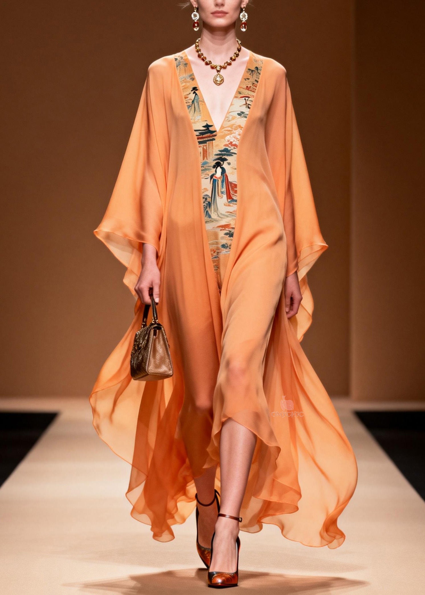 Oriental Tapestry Panel Deep V-Neck Kimono Sleeve Sheer Chiffon Kaftan Maxi Gown