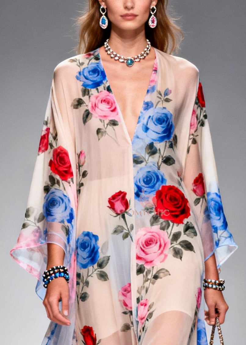 Floral Chiffon Deep V-Neck Kimono Sleeve Kaftan Maxi Dress - View 2