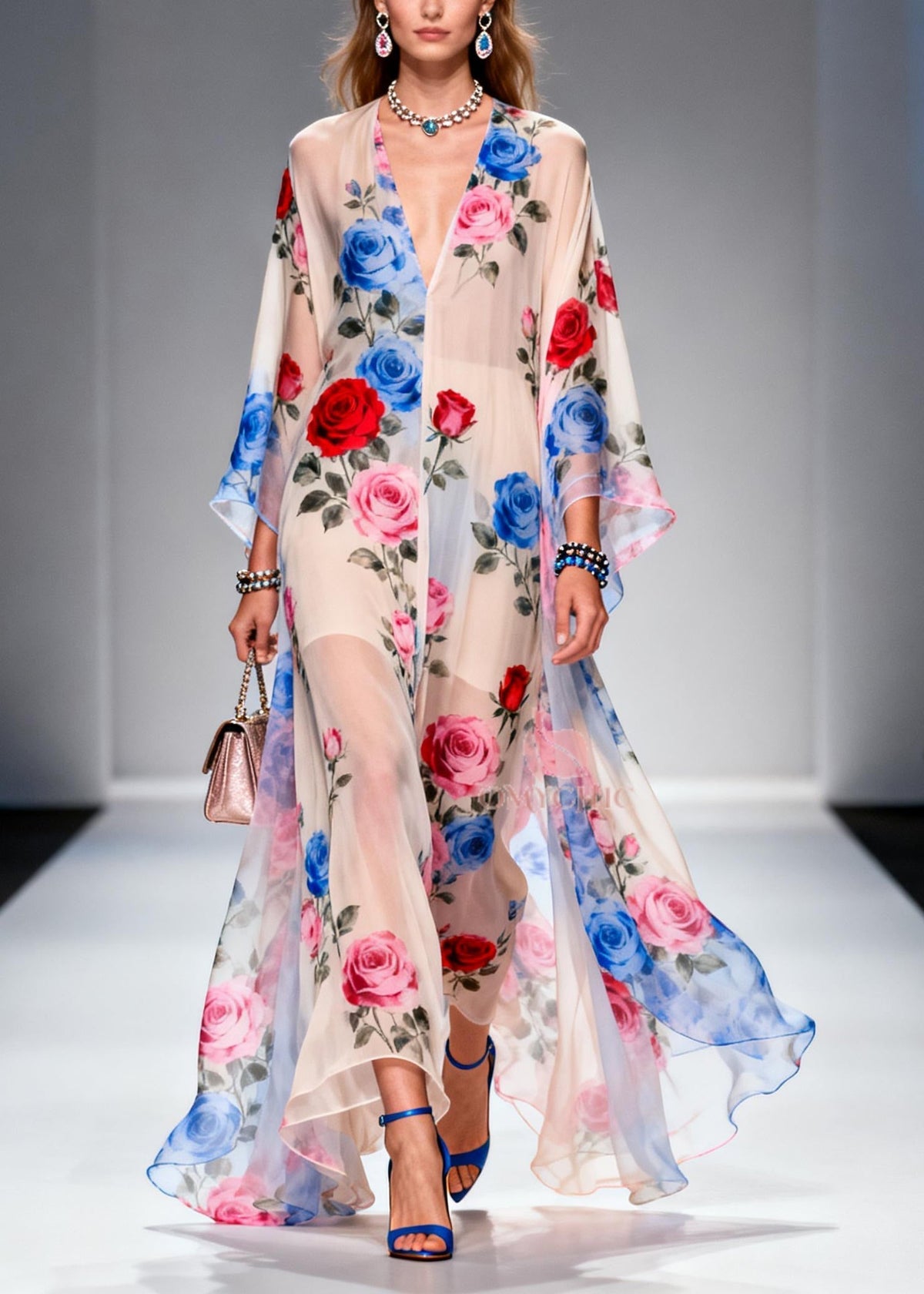 Floral Chiffon Deep V-Neck Kimono Sleeve Kaftan Maxi Dress - View 3