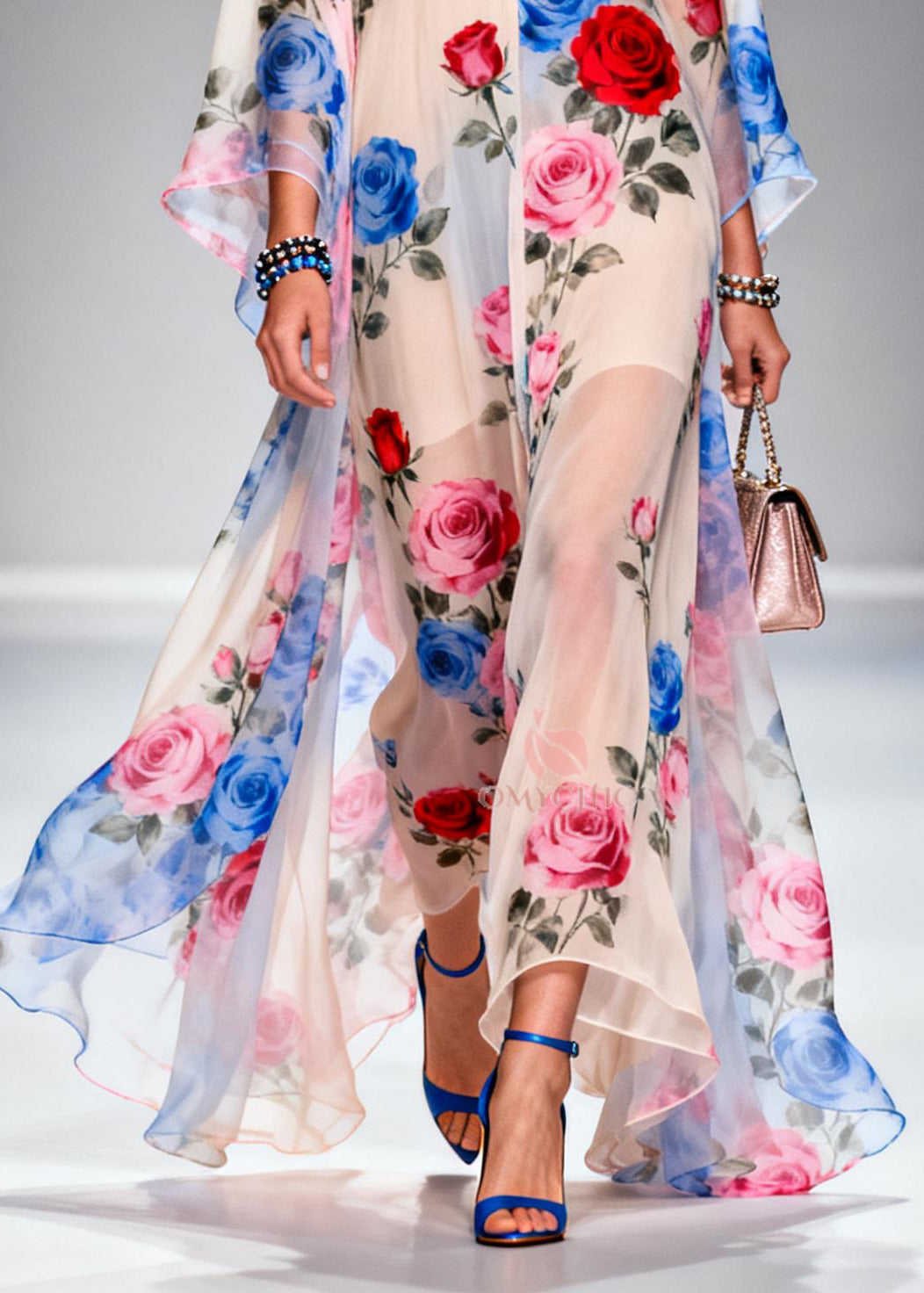 Floral Chiffon Deep V-Neck Kimono Sleeve Kaftan Maxi Dress - View 4