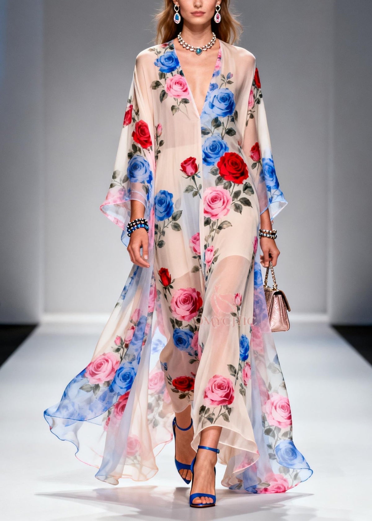Floral Chiffon Deep V-Neck Kimono Sleeve Kaftan Maxi Dress - View 5