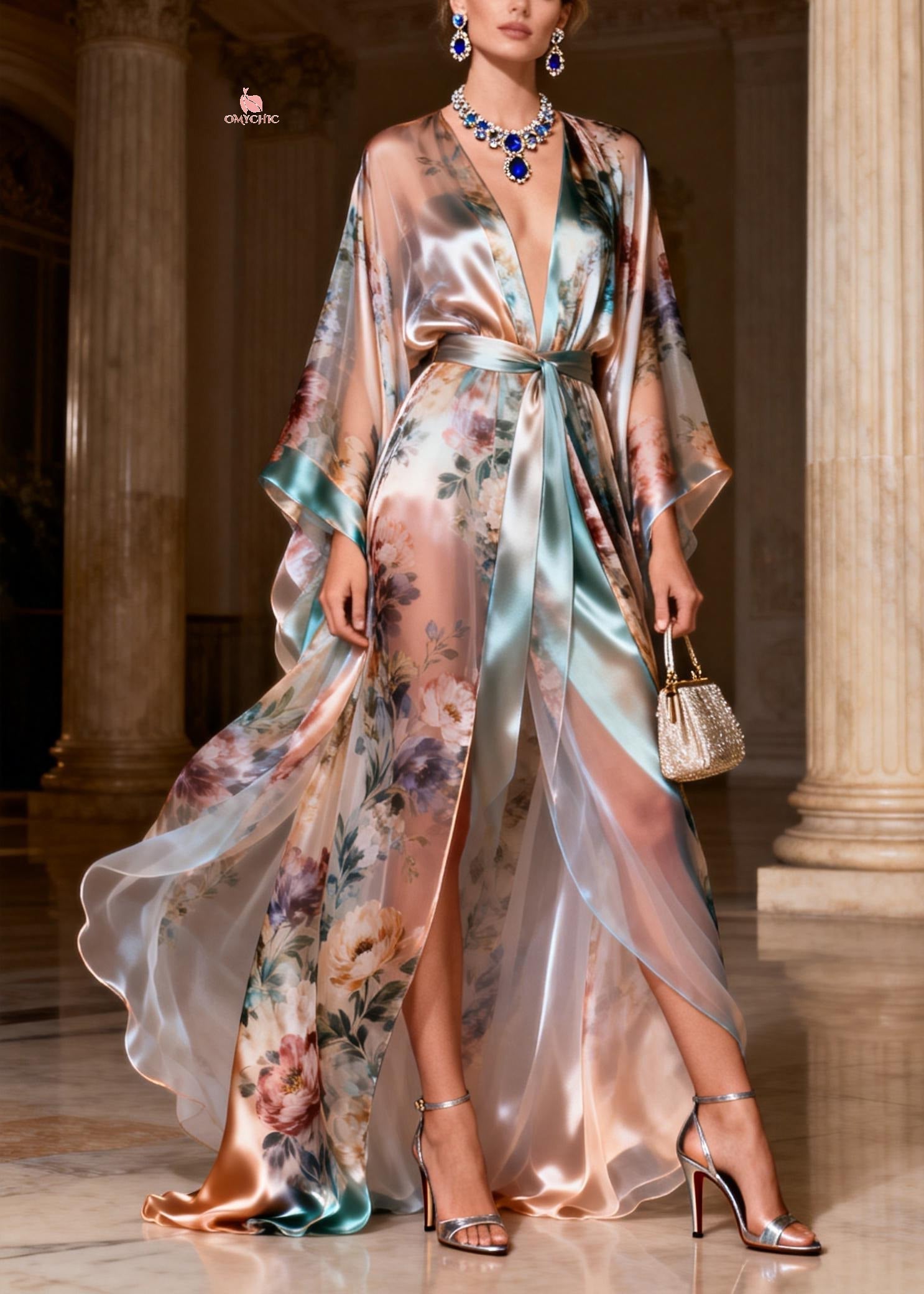 Satin Deep V-Neck Kimono Sleeve Floral Print Wrap Tie High Split Maxi Gown