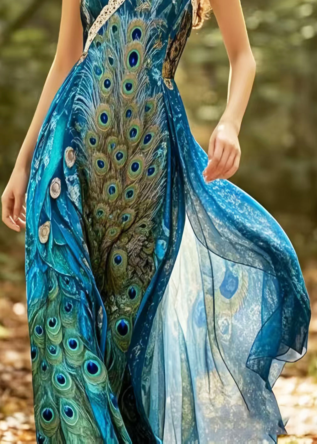 Beautiful Peacock Blue Print Chiffon Halter Dresses Summer - View 4