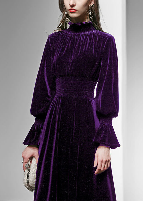 Velvet Smocked High Neck Bishop Sleeve Ruched Waist Maxi Dress