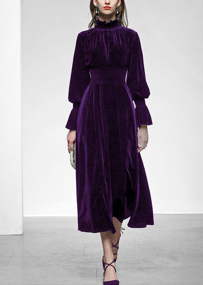 Velvet Smocked High Neck Bishop Sleeve Ruched Waist Maxi Dress