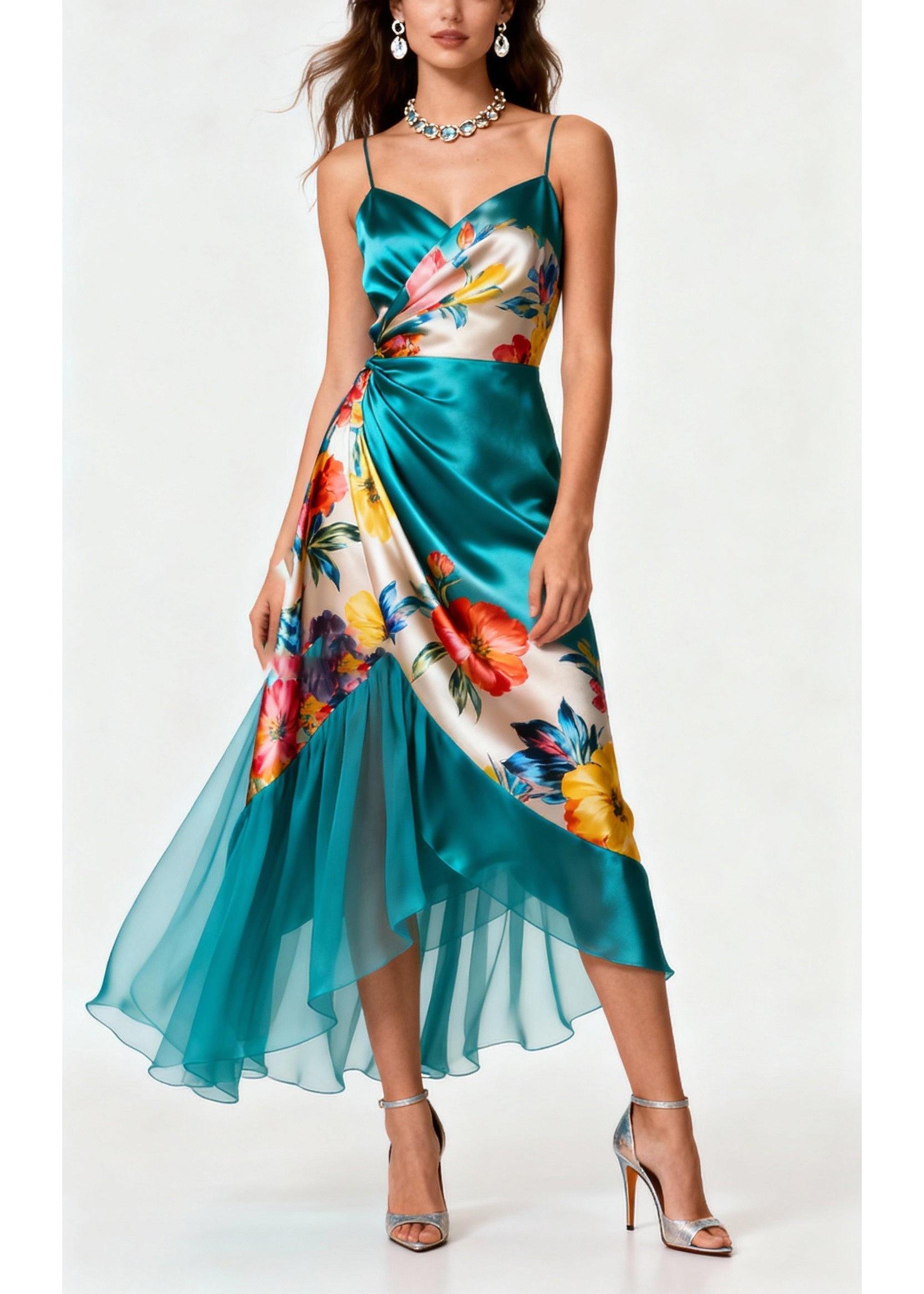 Floral Print Spaghetti Strap Wrap V-Neck Ruched Tulle Ruffle High Low Midi Dress