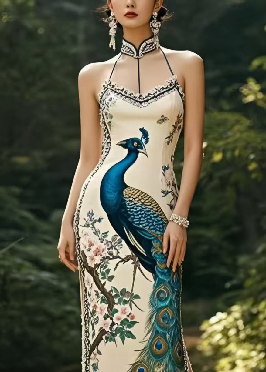 Peacock Print Halter Neck Mandarin Collar Lace Trim High Split Column Maxi Gown