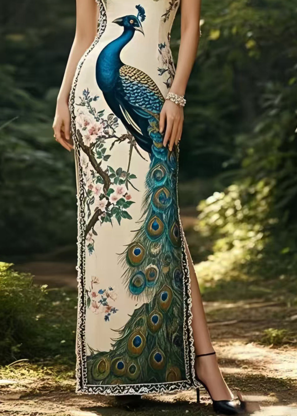 Peacock Print Halter Neck Mandarin Collar Lace Trim High Split Column Maxi Gown