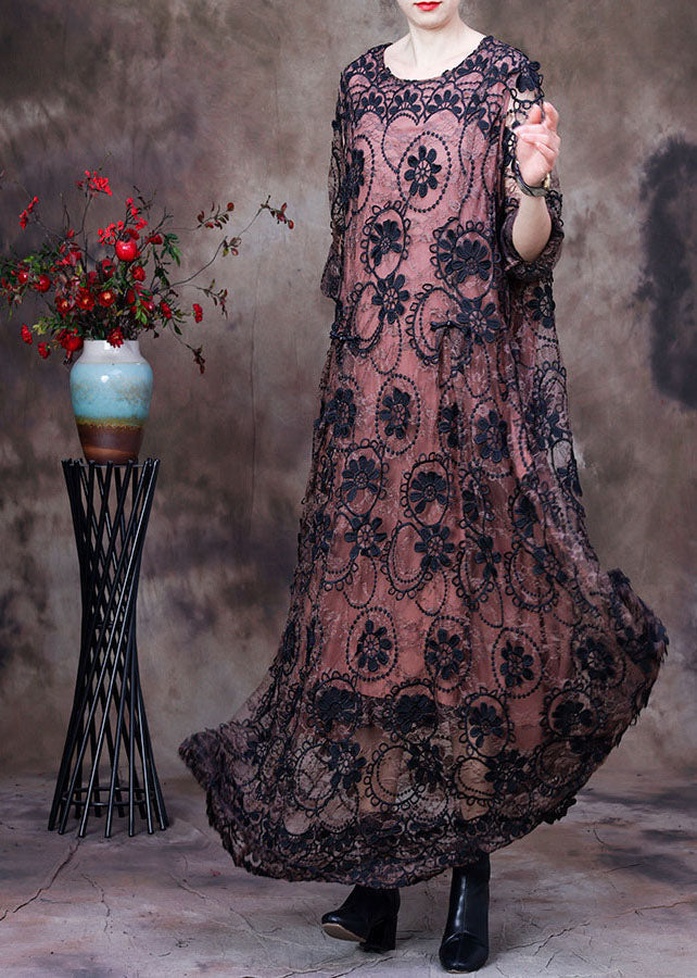 Crochet Lace Round Neck Floral Maxi Dress