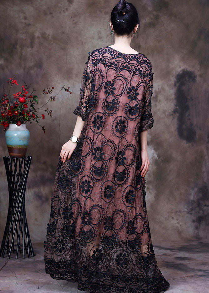 Crochet Lace Round Neck Floral Maxi Dress