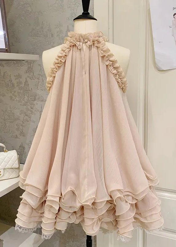 Beautiful Pink Ruffled Lace Tulle Mini Dress Sleeveless - View 3