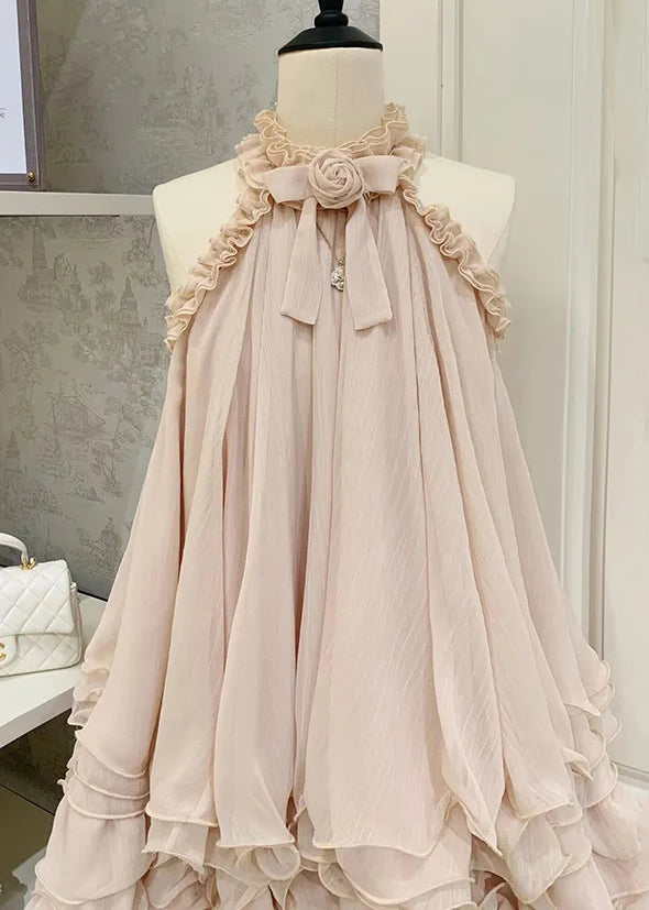 Beautiful Pink Ruffled Lace Tulle Mini Dress Sleeveless - View 4
